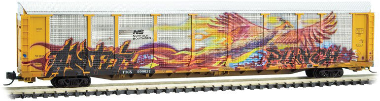 89' Tri-Level Enclosed Auto Rack - Ready to Run -- Norfolk Southern TTGX 996637 (Weathered, silver, yellow, Bird Mural Graffiti-1