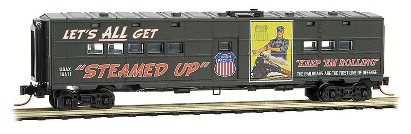 50' Troop Kitchen Car - Ready to Run -- US Army 19411 (green, "Steamed Up," UP WWII Poster Series Car 1)