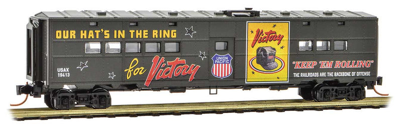 50' Troop Kitchen Car - Ready to Run -- US Army 19413 (green, "Hat's in Ring," UP WWII Poster Series Car 3)