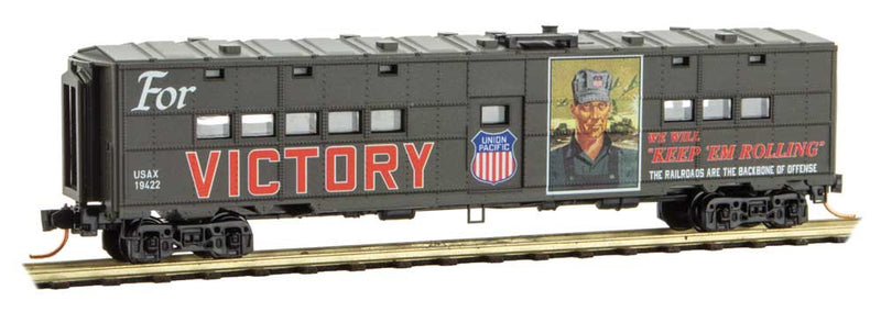 50' Troop Kitchen Car - Ready to Run -- US Army 19422 (green, "for Victory" UP WWII Poster Car 12)