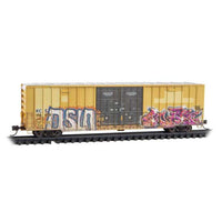 60' Rib-Side, Double-Plug-Door High-Cube Boxcar - Ready to Run -- Kansas City Southern #112499 (Weathered, Ex-RBOX, yellow, black, graffiti)