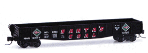 50' Gondola w/Fishbelly Sides & Drop Ends - Marklin Couplers -- Santa's Coal MTL 2001 (#11 Christmas Car; black, red, green, white)
