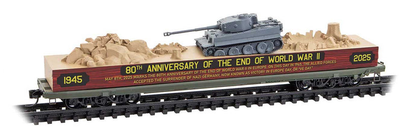 6-Axle 68' Flatcar w/End of WWII Memorial Tank Load - Ready to Run -- Victory-Europe Day (brown, black, gray)