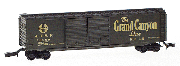 50' Standard Double-Door Boxcar w/Marklin Couplers -- Atchison, Topeka & Santa Fe #10000 (Pullman Green w/Dulux Gold lettering)