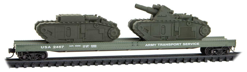 70' Warren Circus Flatcar with 2 Tanks - Ready to Run -- USA #2467 (green, War of the Worlds #7)