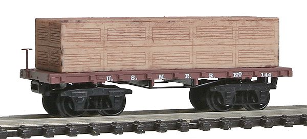 Civil War Era 26' Wood Flatcar - Ready to Run -- United States Military Railroad #144 w/Crate Load (Boxcar Red)