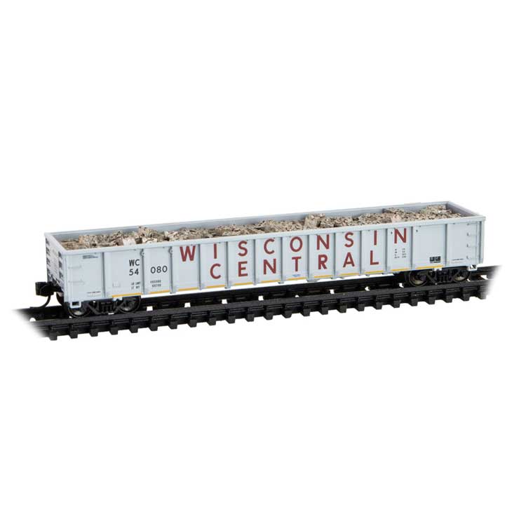 52'6" Greenville 2494 Mill Gondola - Ready to Run -- Wisconsin Central #54080 (gray, maroon, yellow conspicuity stripes)