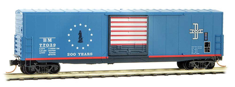50' Boxcar w/10' Door, No Roofwalk, Short Ladders - Ready to Run -- Boston & Maine #77039 (Bicentennial Scheme; blue, white, red)