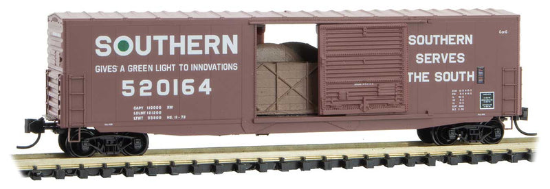 50' Boxcar with 10' Door, No Roofwalk, Short Ladders, Crate Load - Ready to -- Southern Railway 520164 (Boxcar Red, Billboard Lettering, Green Light Slogan