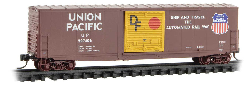 50' Boxcar with 10' Door, No Roofwalk, Short Ladders - Ready to Run -- Union Pacific #507406 (Boxcar Red, yellow Door, Automated Railway Slogan)