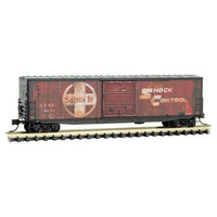 50' Boxcar with 10' Door, No Roofwalk, Short Ladders - Ready to Run -- Santa Fe 13238 (Weathered, red, white, Large Logo, Shock Control Graphics)