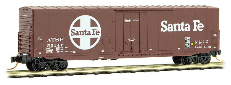50' Boxcar with 8' Plug Door, No Roofwalk, Short Ladders - Ready to Run -- Santa Fe #55147 (Boxcar Red, white, Large Logo, Cooper Lettering)