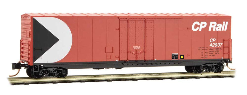 50' Boxcar with 8' Plug Door, No Roofwalk, Short Ladders - Ready to Run -- Canadian Pacific #42907 (Action Red, white, black; Multimark Logo)