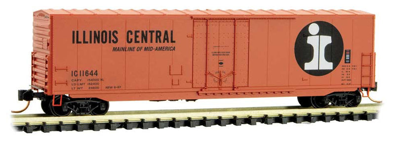 50' Boxcar with 8' Plug Door, No Roofwalk, Short Ladders - Ready to Run -- Illinois Central 11644 (orange, black, Large I Logo, Mainline Slogan)