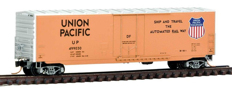 50' Boxcar with 8' Plug Door, No Roofwalk, Short Ladders - Ready to Run -- Union Pacific 499030 (orange, silver, Automated Railway Slogan)
