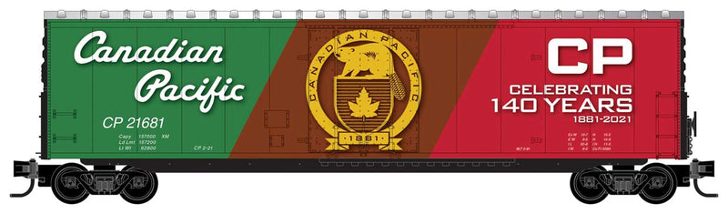 50' Boxcar with 8' Plug Door, No Roofwalk, Short Ladders - Ready-to-Run -- Canadian Pacific (140th Anniversary Car; green, Boxcar Red, red)