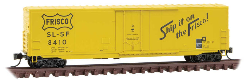 50' Boxcar with 8' Plug Door, No Roofwalk, Short Ladders - Ready to Run -- St. Louis San-Francisco 8410 (yellow, black, Ship it on Frisco Slogan)