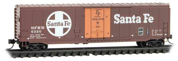 50' Boxcar with 8' Plug Door, No Roofwalk, Short Ladders - Ready to Run -- Santa Fe SFRB #6320 (Boxcar Red, orange door, Large Logo)