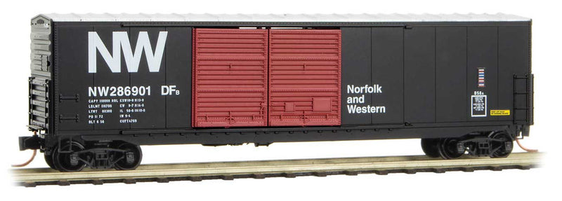 50' Double-Door Boxcar, 8' Doors, No Roofwalk, Short Ladders - Ready to Run -- Norfolk & Western 286901 (black, Boxcar Red Doors, NW Logo)