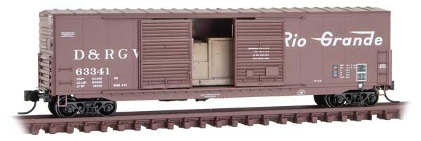 50' Double-Door Boxcar 8' Doors, No Roofwalk, Load - Ready to Run -- Denver & Rio Grande Western 63341 (Boxcar Red, Flying Grande Logo)