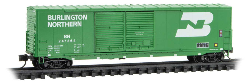 50' Double-Door Boxcar w/8' Doors, No Roofwalk, Short Ladders - Ready to Run -- Burlington Northern #247264 (Cascade green, white, Large Logo)