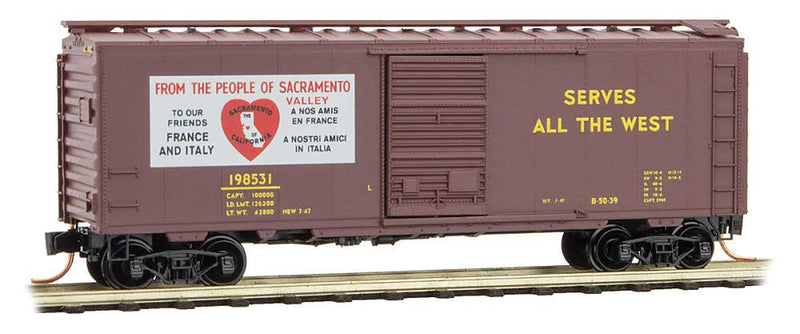 40' Single-Door Boxcar - Ready to Run -- Union Pacific 198531 (Boxcar Red, white, Sacramento, Friendship Series 12)