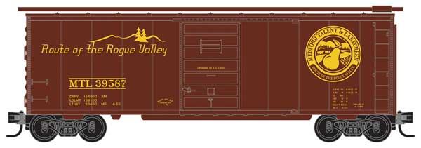 40' Single-Door Boxcar - Ready to Run -- Medford, Talent & Lake Creek #39587 (Fantasy Scheme, maroon, yellow)