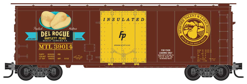 40' Plug-Door Boxcar - Ready to Run -- Medford, Talent & Lakecreek #39014 (Boxcar Red, yellow, Del Rogue Pears Logo