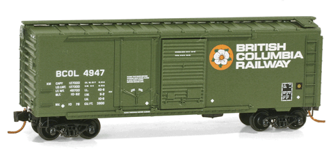 40' Plug & Sliding Door Boxcar - Ready to Run -- British Columbia Railway #4947 (green, Dogwood Logo)