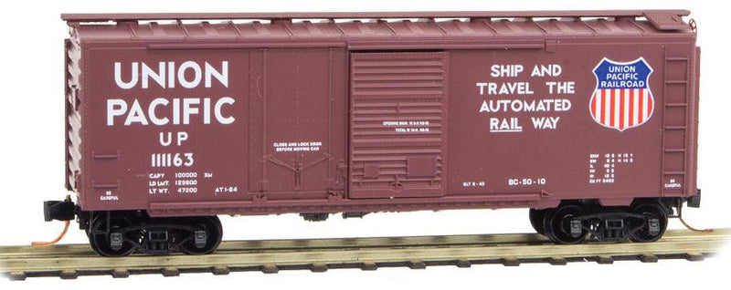 40' Plug & Sliding Door Boxcar - Ready to Run -- Union Pacific #111163 (Boxcar Red, Large Color Sheld, Automated Slogan)