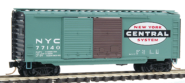 40' Double-Door Steel Boxcar -- New York Central #77140 (Century Green, white lettering, 1 brown door)
