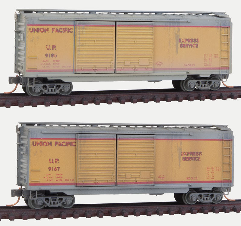40' Double-Door Boxcar 2-Car Runner Pack - Ready to Run -- Union Pacific #9167, 9186 (Passenger Scheme, Armour Yellow, gray, Express)