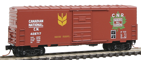 40' Standards Boxcar w/Wood Grain Sliding Door - Assembled -- Canadian National #428717 (brown, green and white Maple Leaf)