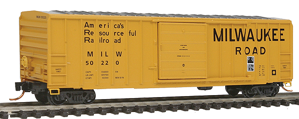 50' Rib-Side Single-Door Boxcar No Roofwalk - Ready to Run -- Milwaukee Road #50220 (yellow, black, silver, Resourceful Slogan)