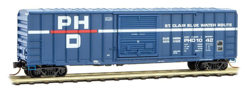 50' Rib-Side Single-Door Boxcar No Roofwalk - Ready to Run -- Port Huron & Detroit #1042 (blue, white, red, Per Diem Series #12)