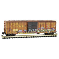 50' Rib-Side Single-Door Boxcar No Roofwalk - Ready to Run -- Railbox 37227 (Weathered, yellow, black, Graffiti, Series Car 1)