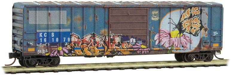 50' Rib-Side Single-Door Boxcar No Roofwalk - Ready to Run -- Kansas City Southern 161079 (Weathered, blue, Butterfly Graffiti)-1