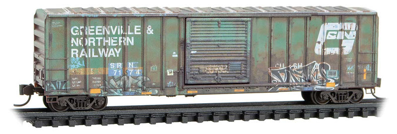 50' Rib-Side Single-Door Boxcar No Roofwalk - Ready to Run -- Sabine River & Northern SRN #7174 (Ex-G&N, Weathered, green, Per Diem 3)-1