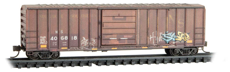 50' Rib-Side Single-Door Boxcar No Roofwalk - Ready to Run -- Original Norfolk Southern #406818 (Weathered, Boxcar Red, yellow, graffiti #-1