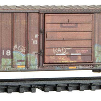 50' Rib-Side Single-Door Boxcar No Roofwalk - Ready to Run -- Original Norfolk Southern #406818 (Weathered, Boxcar Red, yellow, graffiti #