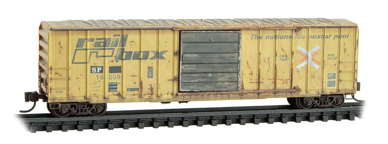 50' Rib-Side Single-Door Boxcar No Roofwalk - Ready to Run -- Southern Pacific #19009 (Weathered, Ex-Railbox, yellow, black, #5 in Series)-1