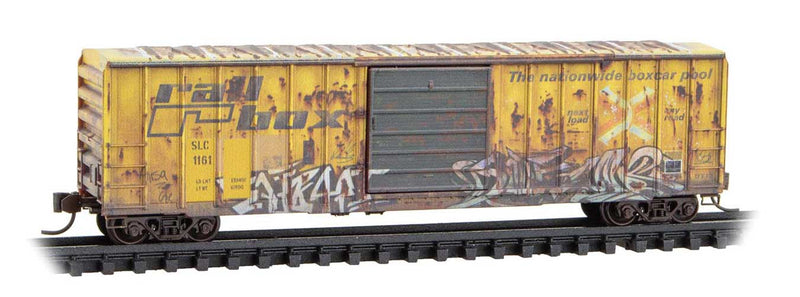 50' Rib-Side Single-Door Boxcar No Roofwalk - Ready to Run -- San Luis Central #1161 (Weathered, Ex-Railbox, yellow, graffiti, Series #6)-1
