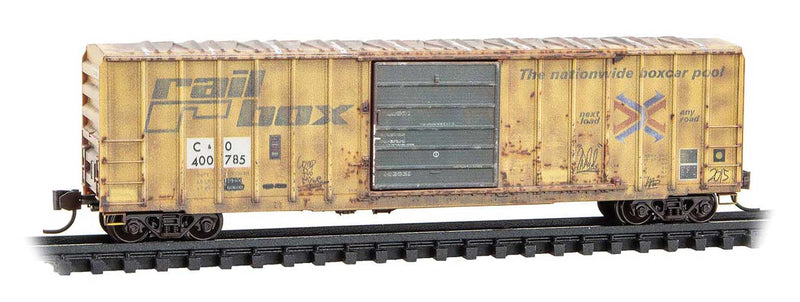 50' Rib-Side Single-Door Boxcar No Roofwalk - Ready to Run -- Chesapeake & Ohio #400785 (Weathered, Patched Ex-Railbox, yellow Series #7)-1