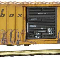 50' Rib-Side Single-Door Boxcar No Roofwalk - Ready to Run -- Railbox 32031 (Weathered, yellow, black, Vegetarian Day Graffiti)