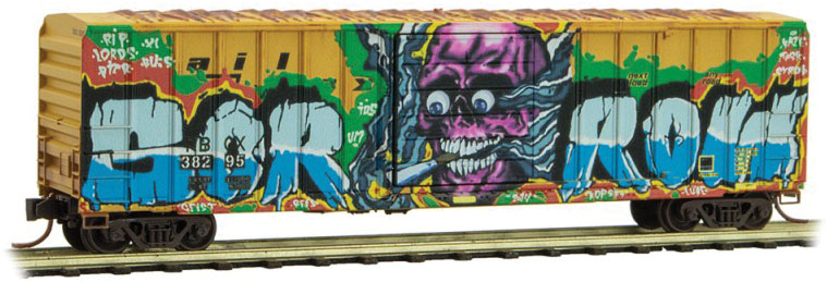 50' Rib-Side Single-Door Boxcar No Roofwalk - Ready to Run -- Railbox 38295 (Weathered, yellow, black, Great Smokeout Graffiti)-1