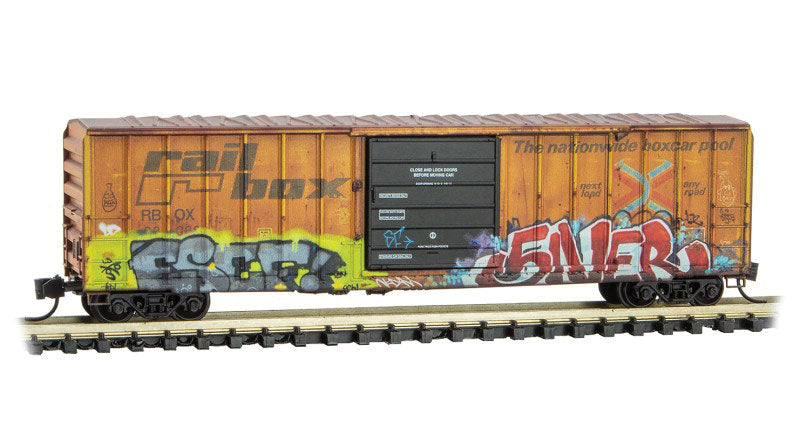 50' Rib-Side Single-Door Boxcar No Roofwalk - Ready to Run -- Railbox 38068 (Weathered, yellow, black, Slug Day Graffiti, Series Car 5)