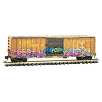 50' Rib-Side Single-Door Boxcar No Roofwalk - Ready to Run -- Railbox 37241 (Weathered, yellow, black, Graffiti, Series Car 6)