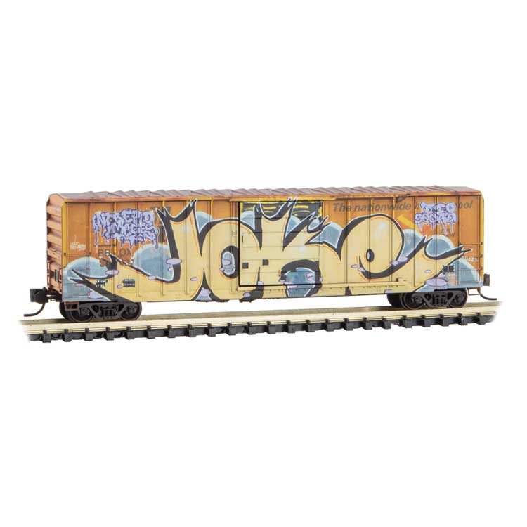 50' Rib-Side Single-Door Boxcar No Roofwalk - Ready to Run -- Railbox 38432 (Weathered, yellow, black, Joke Day Graffiti, Series Car 8)-1
