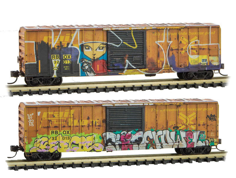 50' Rib-Side Single-Door Boxcar No Roofwalk - Ready to Run -- Railbox 32013 (Weathered, yellow, black, National Mischief Day Graffiti)