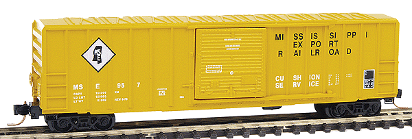 50' Rib Side Single Door Boxcar - No Roofwalks -- Mississippi Export Railroad #957 (Railbox Yellow, black & white herald)